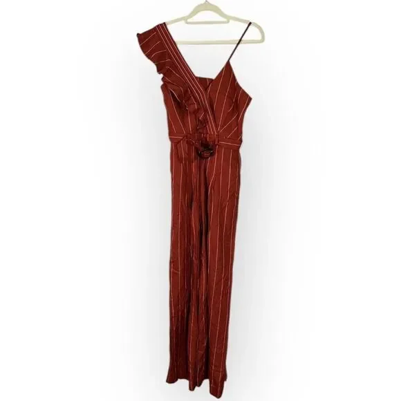 Three Floor Margaux Jumpsuit Womens 2 Burnt Orange Linen Striped Ruffle NWT - Picture 3 of 10